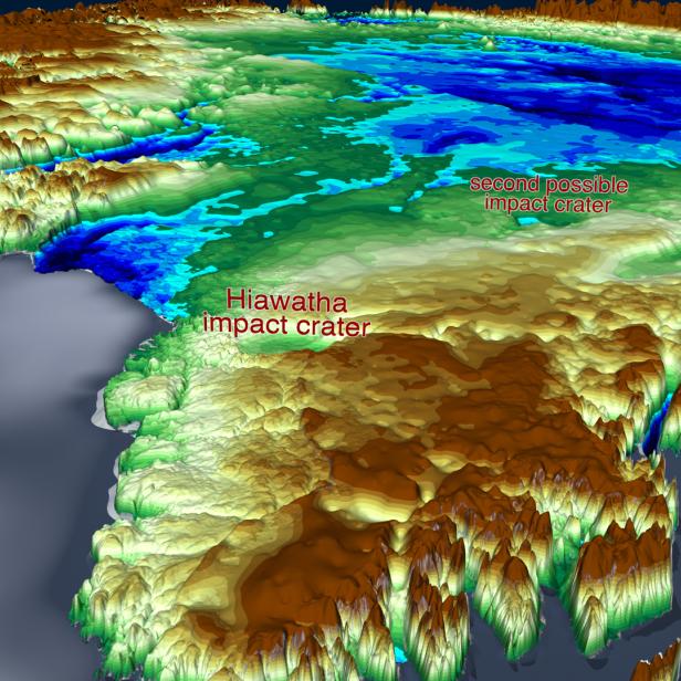 Eine 3D-Ansicht des Hiawatha-Einschlags kraters und eines zweiten möglichen Kraters.