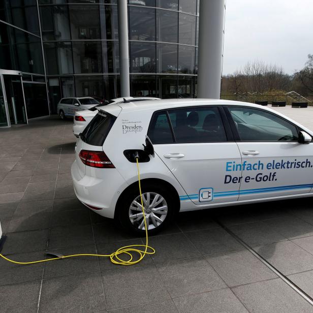 FILE PHOTO: VW e-Golf electric car charges outside the Transparent Factory in Dresden