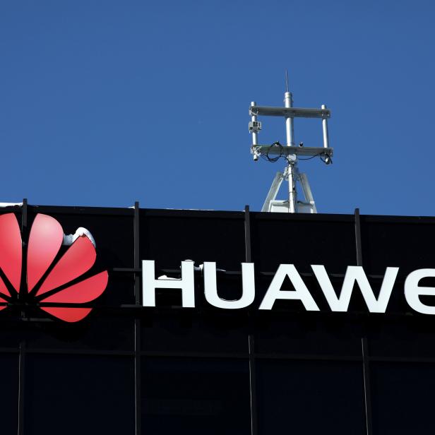 The Huawei logo is pictured outside their research facility in Ottawa