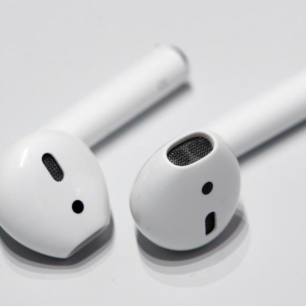 Apple AirPods are displayed during a media event in San Francisco