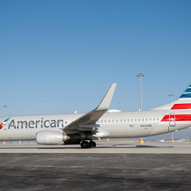 An American Airlines jet taxis from the new Central Deicing Facility (CDF) at O'Hare International Airport in Chicago