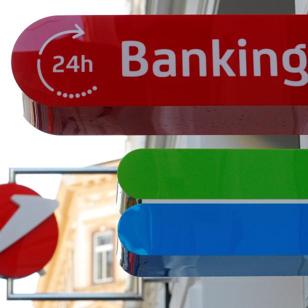 The green-blue logo of an Austrian Bankomat ATM is seen outside a Unicredit Bank Austria branch in Vienna