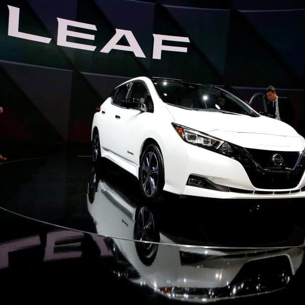 FILE PHOTO: A 2019 Nissan Leaf hybrid car is displayed at the North American International Auto Show in Detroit