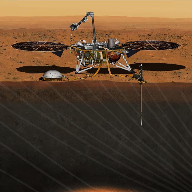 Der NASA-Marslander InSight zur Erforschung des tiefen Inneren des Mars ist in einer undatierten Künstlerdarstellung zu sehen.