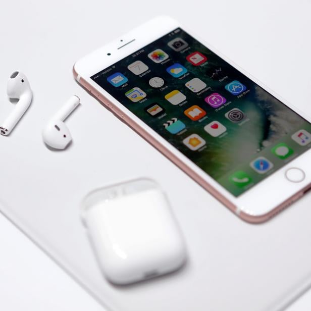 FILE PHOTO: The Apple iPhone 7 and AirPods are displayed during an Apple media event in San Francisco