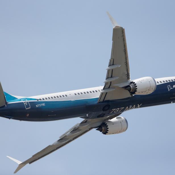 A Boeing 737 Max takes part in flying display at the 52nd Paris Air Show at Le Bourget Airport near Paris