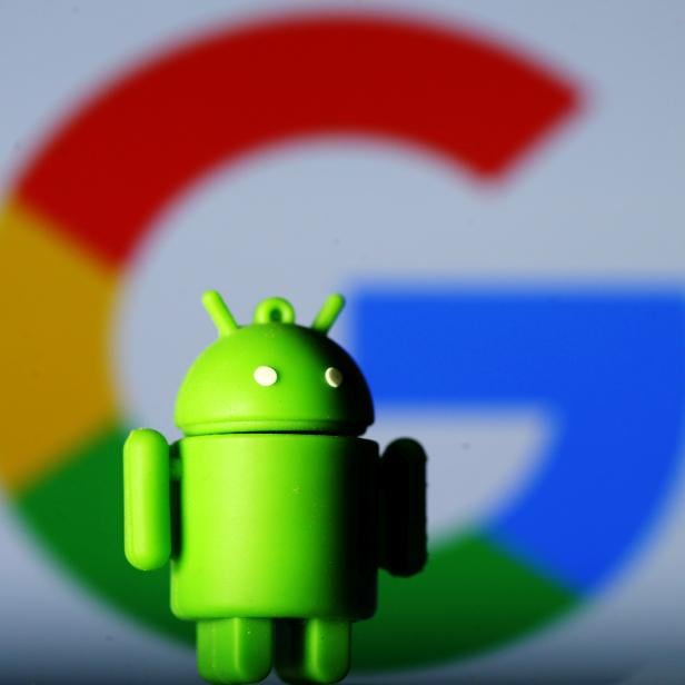 FILE PHOTO: A 3D printed Android mascot Bugdroid is seen in front of a Google logo in this illustration