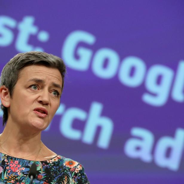 European Competition Commissioner Margrethe Vestager talks to the media at the European Commission headquarters in Brussels