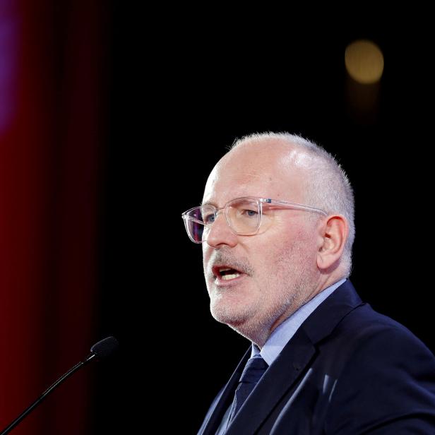 FILE PHOTO: Frans Timmermans, the newly elected Party of European Socialists President, speaks during the Party of European Socialists annual meeting in Lisbon