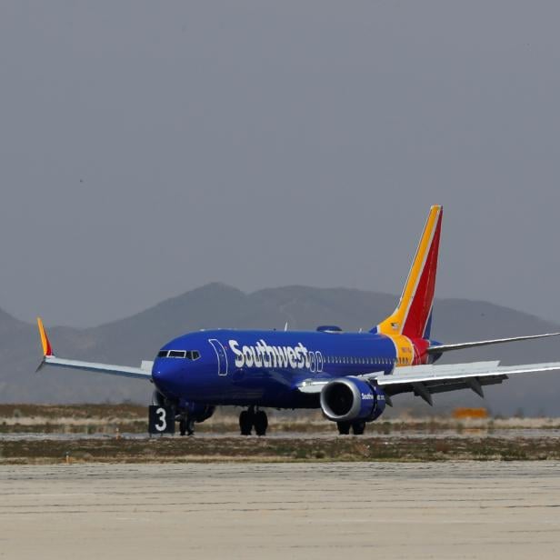 A Southwest Airlines Boeing 737 MAX 8 aircraft lands at Victorville Airport in Victorville, California