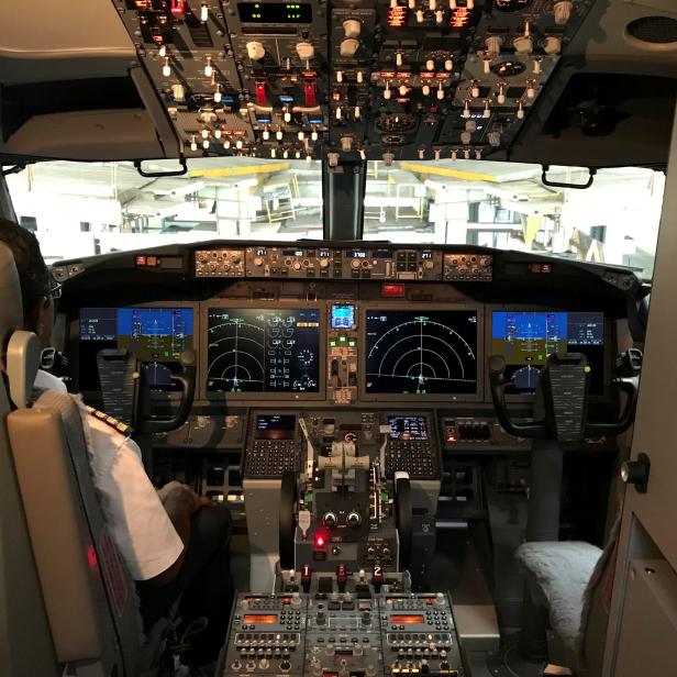 FILE PHOTO: The cockpit of Jet Airways Boeing 737 MAX 8 aircarft is pictured during its induction ceremony at the Chhatrapati Shivaji International airport in Mumbai