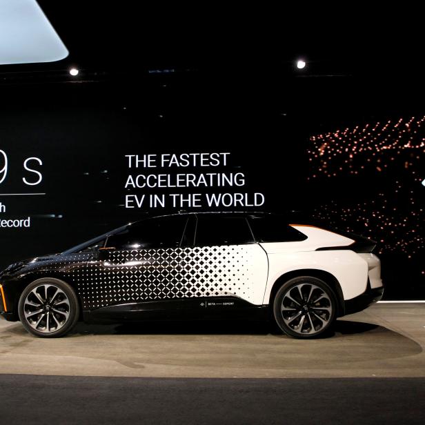 FILE PHOTO: A Faraday Future FF 91 electric car returns to the stage after an exhibition of speed during an unveiling event at CES in Las Vegas