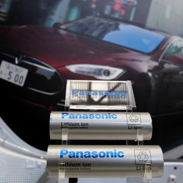 FILE PHOTO Panasonic Corp's lithium-ion batteries are displayed at the Panasonic Center in Tokyo