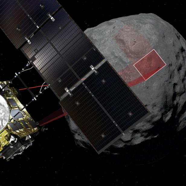 A computer graphic handout image shows Japan Aerospace Exploration Agency's Hayabusa 2 probe arrives to asteroid Ryugu in outer space.