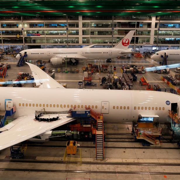 FILE PHOTO: A Boeing 787-10 aircraft being built for Singapore Airlines sits in the Final Assembly Area before a delivery ceremony of the first Boeing 787-10 Dreamliner at Boeing South Carolina in North Charleston