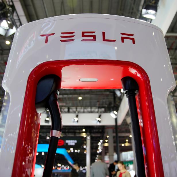 Tesla charging station is pictured during the media day for the Shanghai auto show in Shanghai