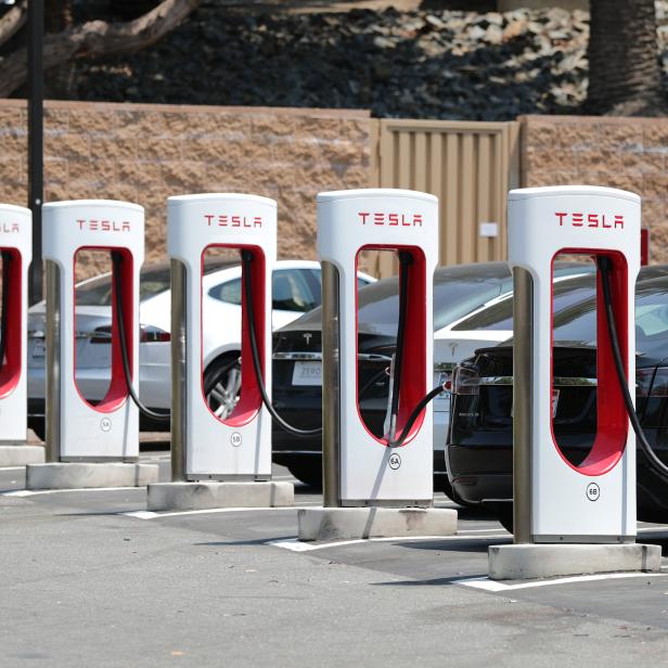 A Tesla electric car supercharger station is seen in Los Angeles