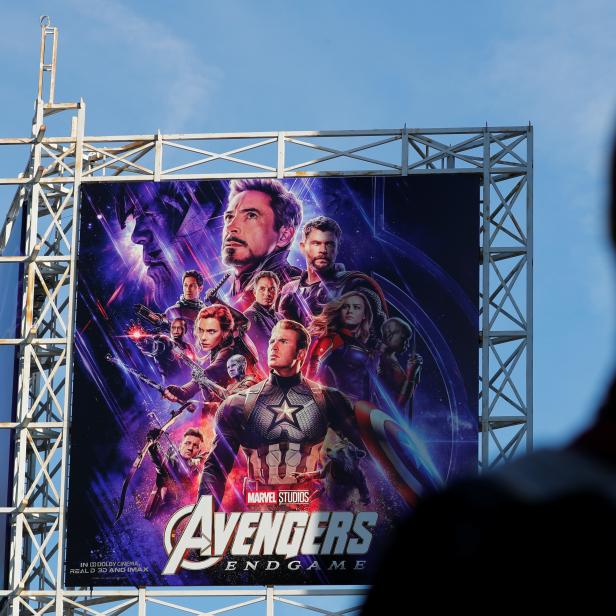 An Avengers fan in costume arrives at the TCL Chinese Theatre in Hollywood to attend the opening screening of "Avengers: Endgame" in Los Angeles,