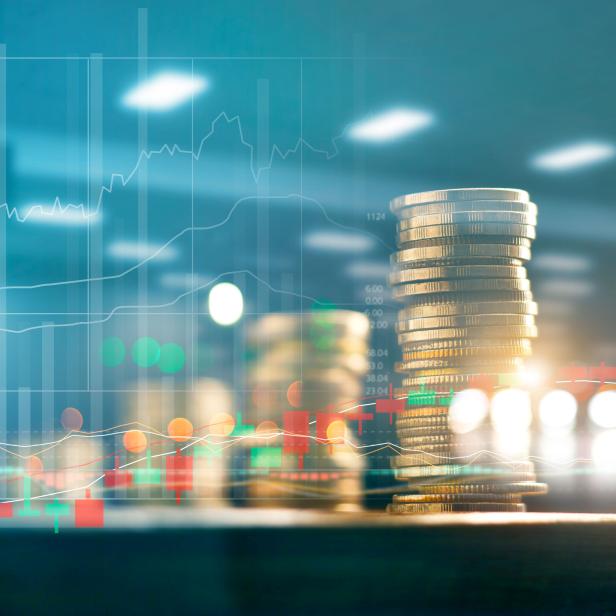 Finance and business investment concept. Graph and rows with statistic growth of coins on table.