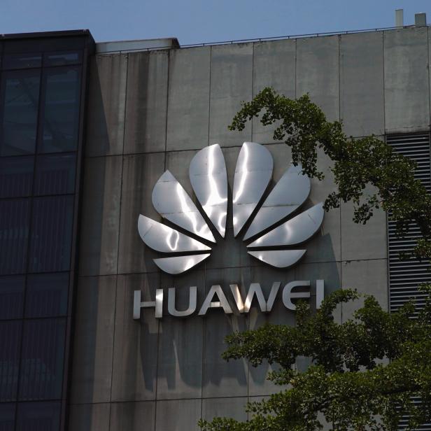 A Huawei company logo is seen at Huawei's Shanghai Research Center in Shanghai