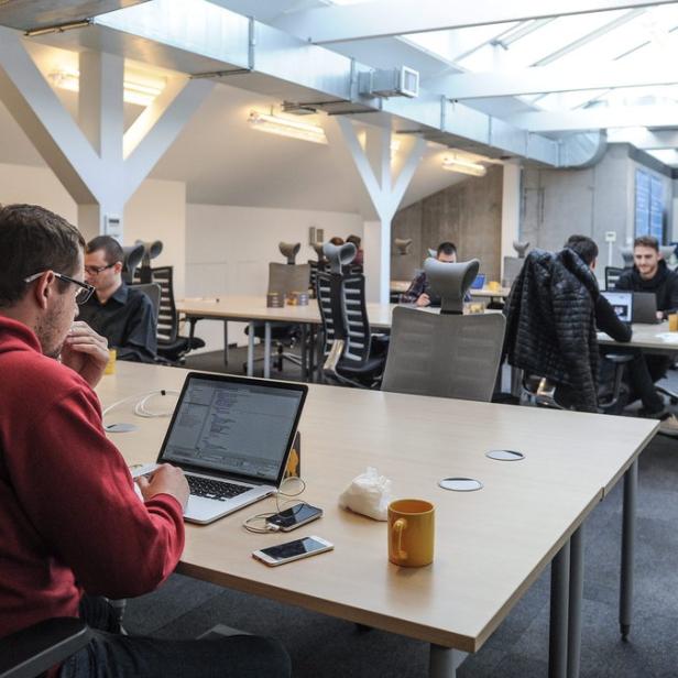 Mehrere Personen arbeiten in einem hellen Büro an ihren Laptops.