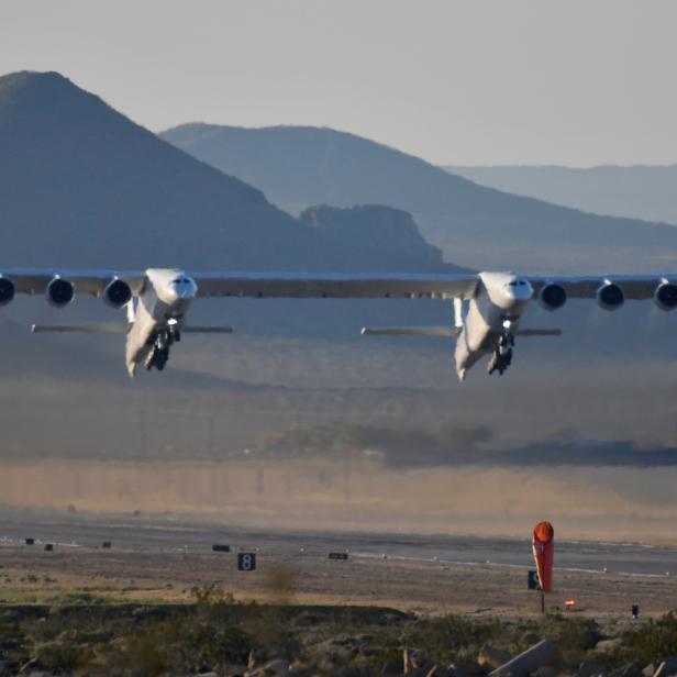 FILE PHOTO: The world's largest airplane, built by the late Paul Allen's company Stratolaunch, makes its first test flight in Mojave