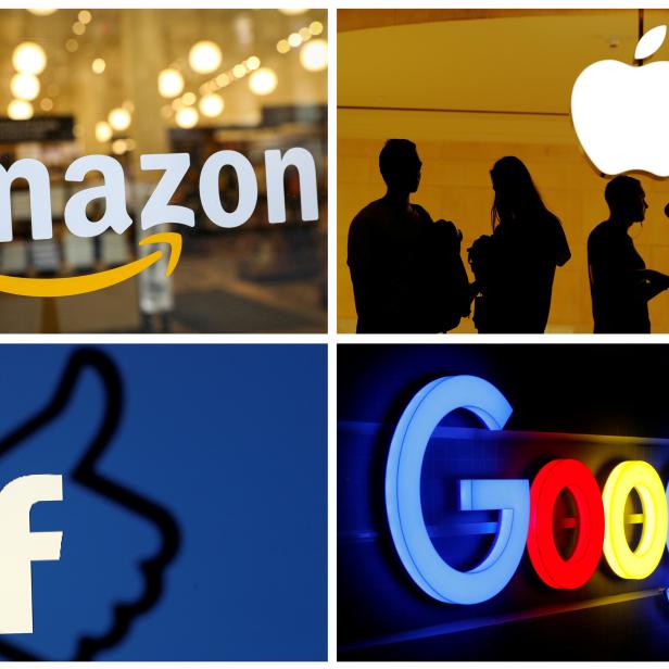 The logos of Amazon Apple Facebook and Google