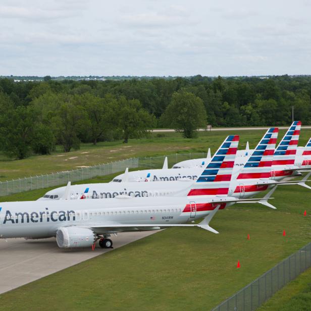 FILE PHOTO: Handout photo of American Airlines Boeing 737 MAX jets sit parked at a facility in Tulsa, Oklahoma