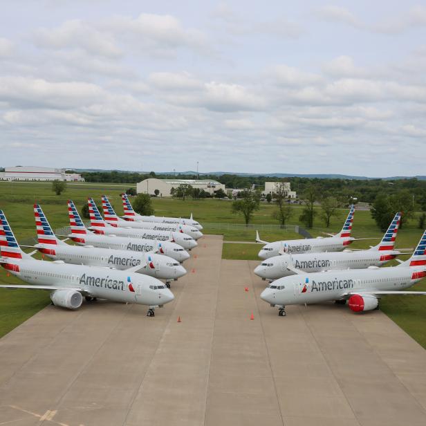 Handout photo of American Airlines Boeing 737 MAX jets sit parked at a facility in Tulsa, Oklahoma