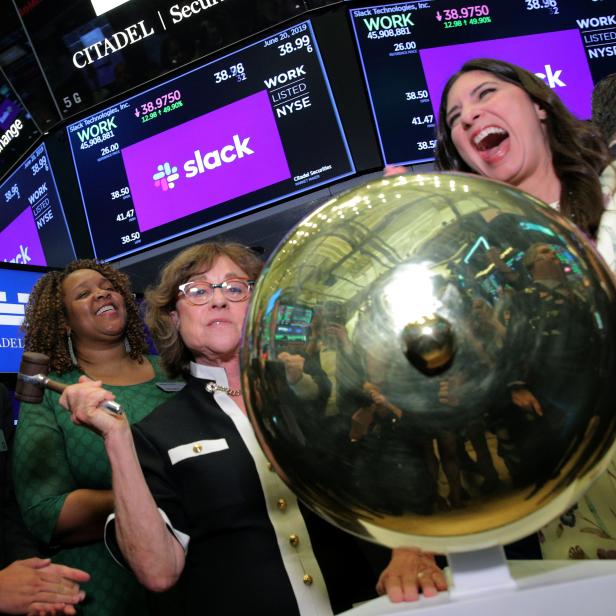 Norma Butterfield rings ceremonial bell during Slack Technologies Inc. direct listing at New York Stock Exchange (NYSE) in New York