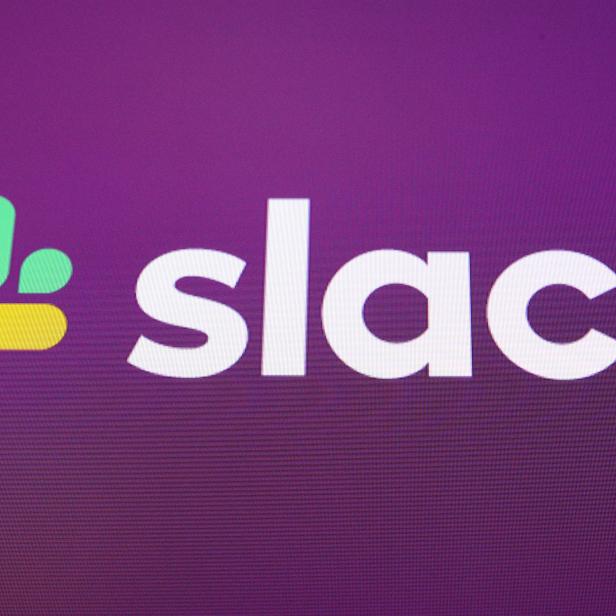 Slack Technologies Inc. logo is seen at the New York Stock Exchange (NYSE) during the company's direct listing in New York