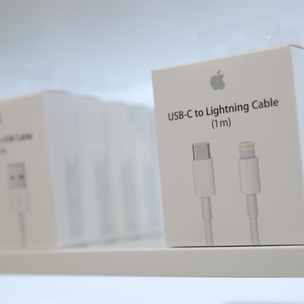 USB-C to Lightning Cable adapters are seen at a new Apple store in Chicago