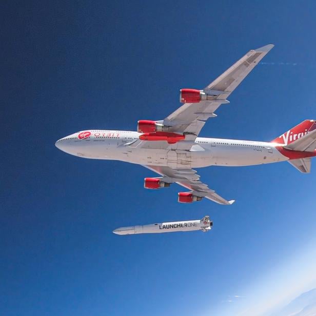 Richard Branson's Virgin Orbit, releases a rocket from underneath the wing of a modified Boeing 747 jetliner during a high-altitude drop test of the launch system for satellites near  Mojave, California