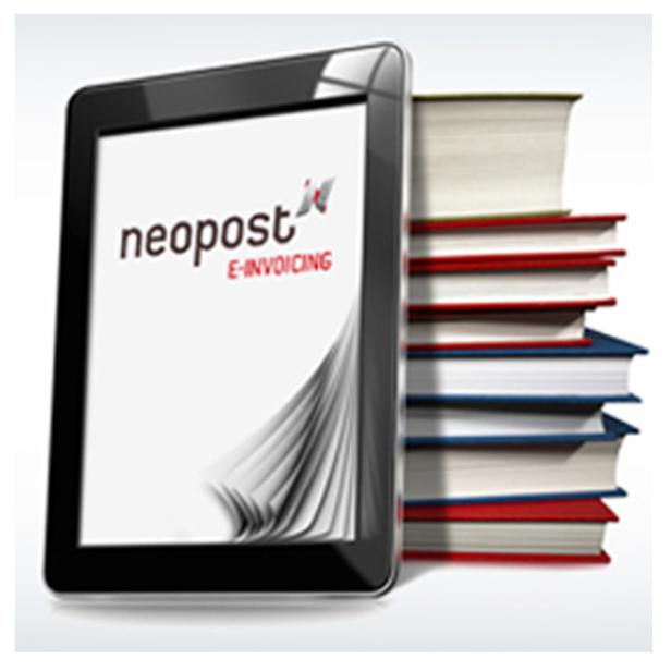 Ein Tablet mit dem Neopost E-Invoicing Logo steht neben einem Stapel Bücher.