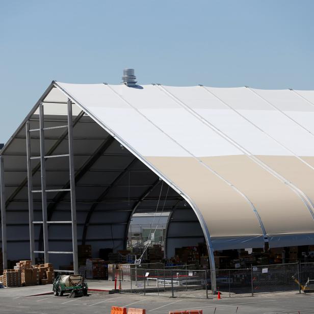 FILE PHOTO: A tent is seen at the Tesla factory in Fremont, California