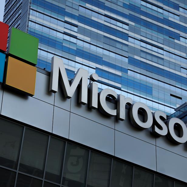 FILE PHOTO: The Microsoft sign is shown on top of the Microsoft Theatre in Los Angeles, California