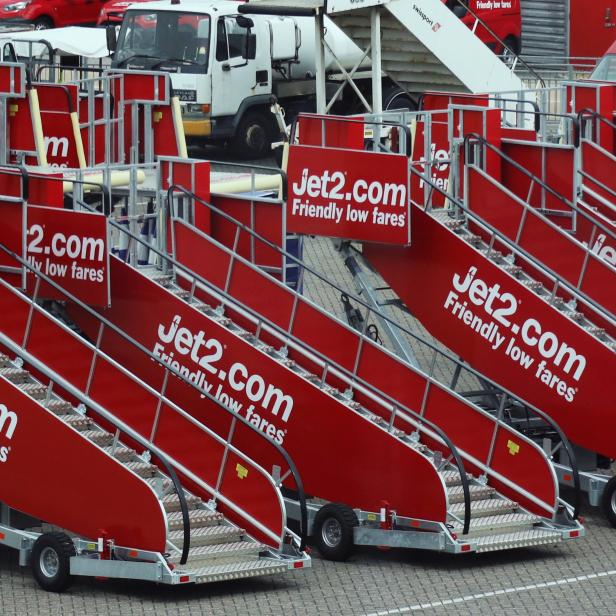 Jet2.com aircraft boarding stairs are stored at Stansted airport in Stansted, Britain