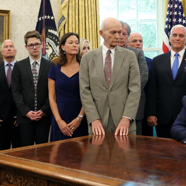 U.S. President Trump hosts Apollo 11 astronauts to commemorate the moon landing's 50th anniversary at the White House in Washington