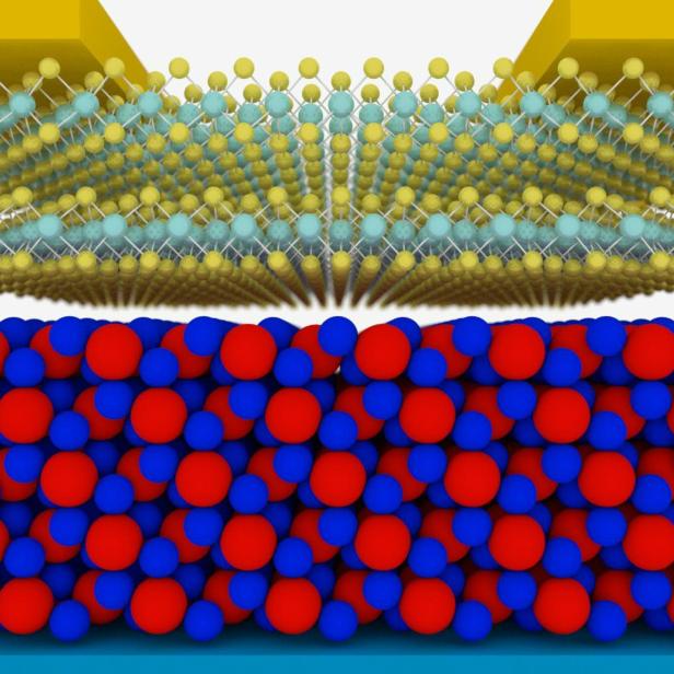 Eine schematische Darstellung einer atomaren Struktur mit verschiedenen farbigen Kugeln.