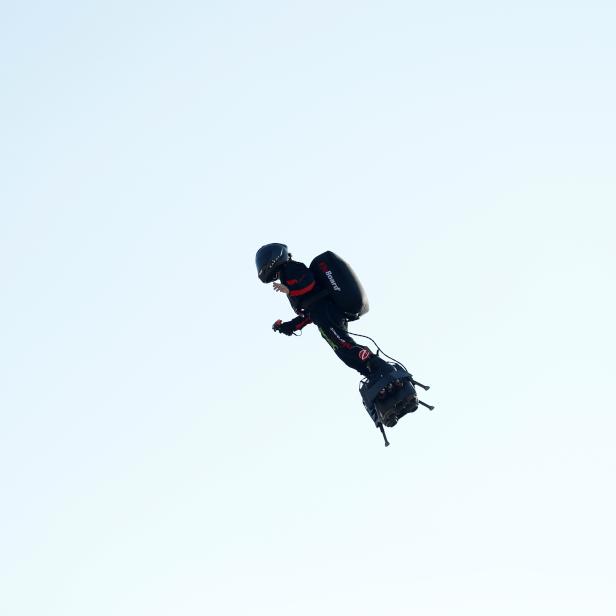 French inventor Franky Zapata takes off on a Flyboard to cross the English channel from Sangatte in France to Dover, in Sangatte