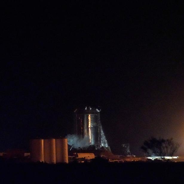 A view of the Starhopper rocket after a successful untethered test of SpaceX's Raptor engine in it at  Boca Chica