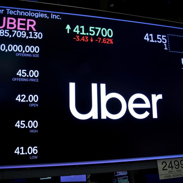 FILE PHOTO: A screen displays the company logo and the trading information for Uber Technologies Inc. after the closing bell on the day of it's IPO at the NYSE in New York