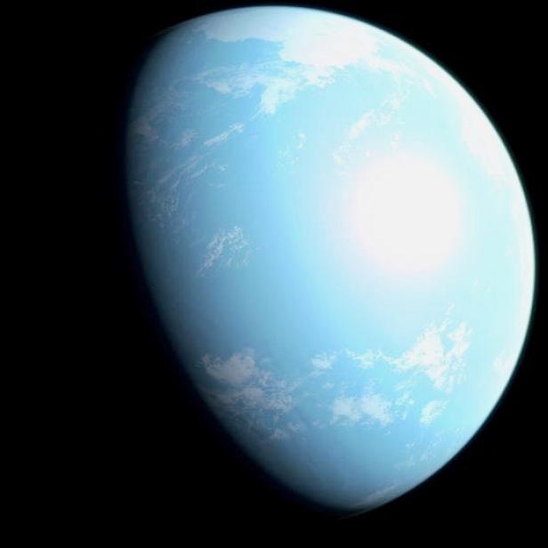 Ein blauer Planet mit Wolken vor einem schwarzen Hintergrund.