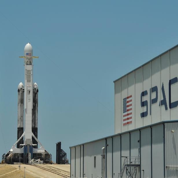 FILE PHOTO: A SpaceX Falcon Heavy rocket, carrying the U.S. Air Forces Space Test Program-2 mission, is shown during launch preparation at the Kennedy Space Center in Cape Canaveral