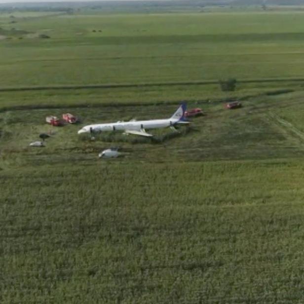 A view shows a passenger plane following an emergency landing near Moscow