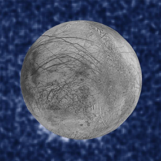 Ein zusammengesetztes Bild des Hubble-Teleskops der NASA zeigt vermutete Wasserdampffahnen auf Jupiters Mond Europa.