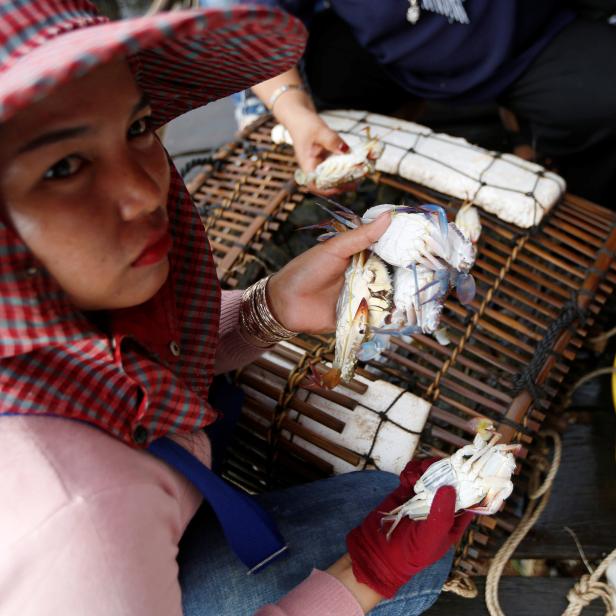 A vendor collects crabs for sale at the Crab Market, also known as "Phsa Kdam" in Kep province