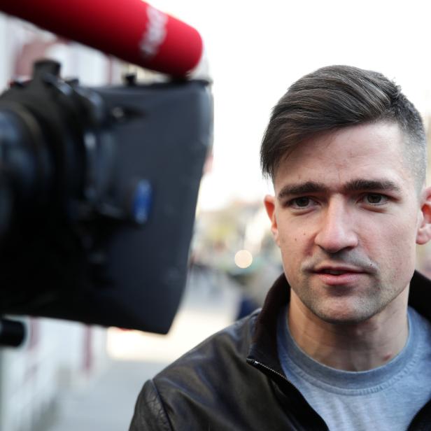 Martin Sellner, leader of Austria's far-right Identitarian Movement speaks to the media in Vienna