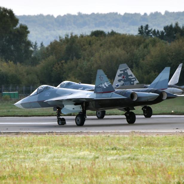 Sukhoi Su-57 fighter jets perform at the MAKS 2019 air show in Zhukovsky, outside Moscow