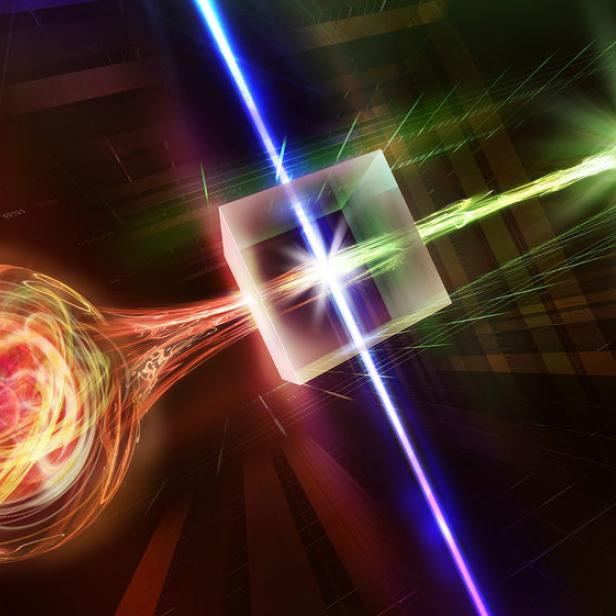 Eine Darstellung von Laserstrahlen, die auf einen Würfel treffen und ein Plasma erzeugen.